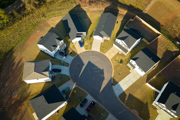 Aerial view of cul de sac at neighbourhood road dead end with densely built homes in South Carolina...