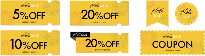 ホーリーセールに使えるシンプルな黄色のクーポンベクターアイコンセット
