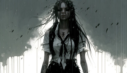 Fototapeta premium silhouette of a anime girl in the rain, Anime beautiful sad goth girl, soaking wet standing in a torrential rainstorm, wet, drenched, totally soaked, water dripping, wet hair, generative AI