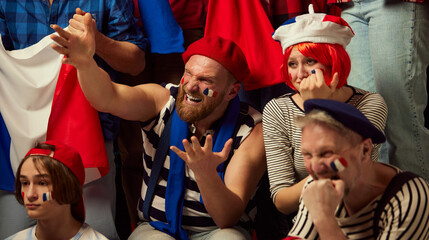 Tense game moment. People, football fans emotionally watching championship,, match of france team. Losing game. Misfortune. Concept of sport, cup, world, team, event and competition