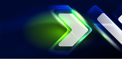 Neon speed arrow and line shapes background. Hi-tech concept with shiny backdrop. Bright flare light effect in the dark