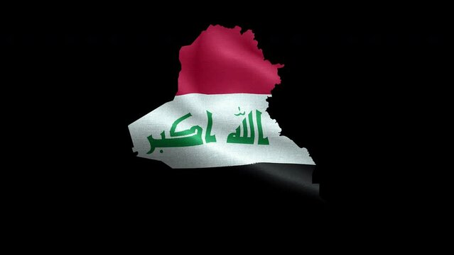 4K waving national flag of Iraq on the map. Alpha channel seamless Iraqi flag on territory. Outline geographic country border of Iraq stock video.