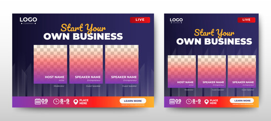 Marketing Business Live Webinar Banner Invitation and Social Media post template. Blue and Yellow background. Business Converence invitation design. Vector