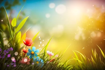 Zelfklevend Fotobehang Paysage de printemps ensoleillé, arrière plan printanier avec herbe et fleurs - Générative IA © Concept Photo Studio
