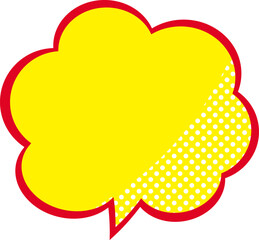 漫画風のモコモコした吹き出し　下向き、赤と黄色、ドット柄つき