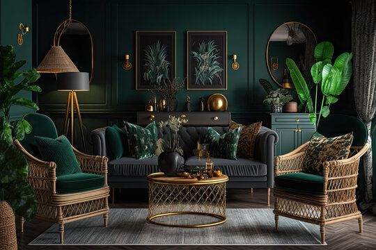 Home Interior With Rattan Furniture And Decor In Dark Green Living Room, Generative AI