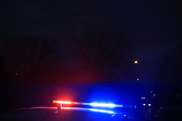 Police car emergency lights are illuminated at dusk while cops search for suspect 