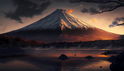 Fototapeta na wymiar sunrise / set at Mt.Fuji, in perfect light, made with Generative AI