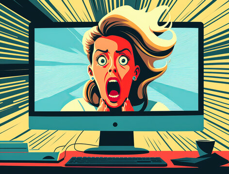a shocked, screaming woman peers out of a computer screen, illustration, Generative AI