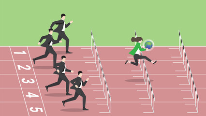 Advantages of ESG and green business policy of environmental concern, eco-friendly, sustainable company. A leader businesswoman holds earth and competitors run and jump over obstacles on a racetrack.