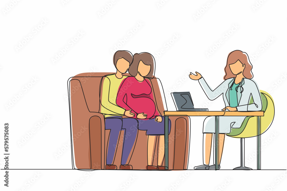 Wall mural Continuous one line drawing pregnant woman visits doctor. Happy couple people on medical examination in hospital, talking with physician. Pregnancy healthcare. Single line draw design vector graphic