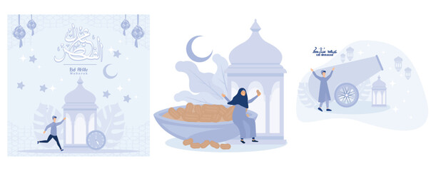 Obraz premium Muslim are happy when breaking the fast of Ramadan, A Muslim is happy to welcome the month of Ramadan, set flat vector modern illustration 
