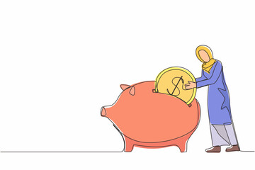 Continuous one line drawing Arab businesswoman putting dollar coin into piggy bank. Money savings, personal investment, finance, funding, bank deposit, capital accumulation. Single line design vector
