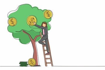 Continuous one line drawing businesswoman picking dollars from money tree. Money plant. Business growth, financial success concept. Investment, banking income. Single line draw design vector graphic