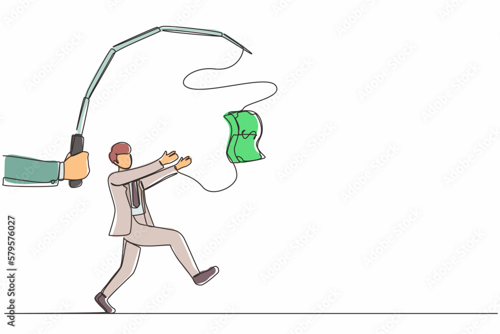 Poster single continuous line drawing hand with fishing pole and dollar cash control greedy businessman und