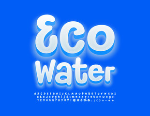 Vector creative emblem Eco Water. Funny White 3D Font. Modern handwritten Alphabet Letters and Numbers set 