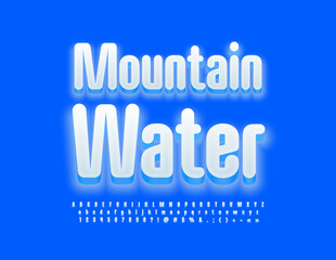 Vector concept emblem Mountain Water. White glowing Font. Set of modern style Alphabet Letters, Numbers and Symbols