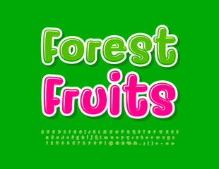 Vector bight Sign Forest Fruits. Green glossy Font. Funny Bright Alphabet Letters, Numbers and Symbols set