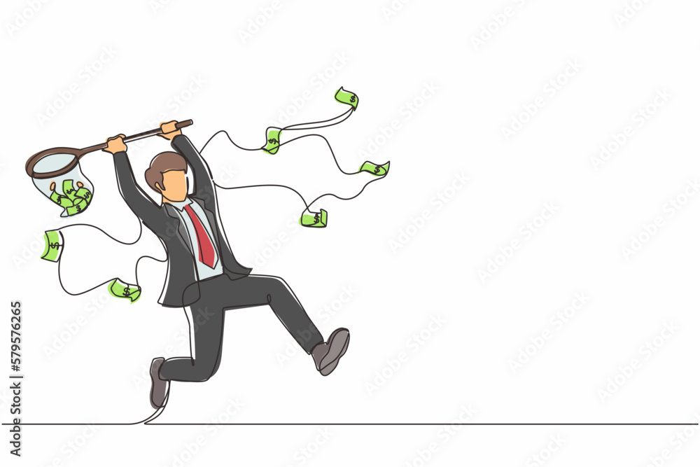 Poster single continuous line drawing businessman trying to catch flying money with butterfly net. happy ru