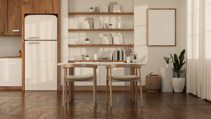 Minimal white and wood Scandinavian dining room with wood dining table, fridge, built-in shelves