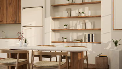 Mockup space on minimal dining table in minimal Scandinavian dining room in white and wood style.