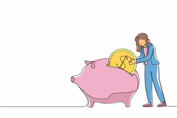 Single continuous line drawing businesswoman putting dollar coin into piggy bank. Money savings, personal investment, finance, funding, bank deposit, capital accumulation. One line draw design vector