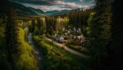 An idyllic village surrounded by lush forests in the Pacific Northwest taken with a Fujifilm X  Generative AI