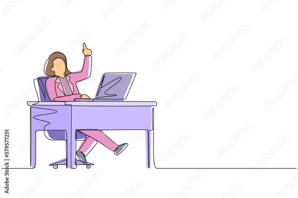 Poster continuous one line drawing businesswoman getting bright new idea while working with laptop on desk.