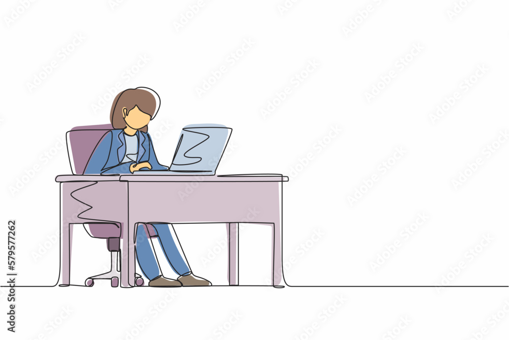 Poster continuous one line drawing female works in office. woman working, typing and sending messages. work
