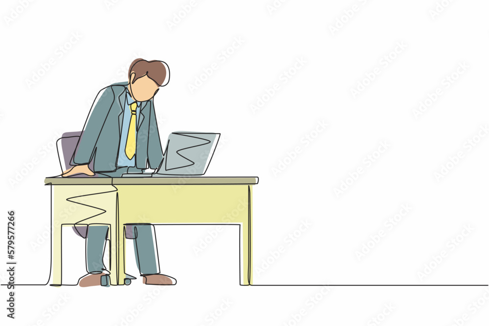 Poster single continuous line drawing frustrated and furious businessman shouting and screaming screen lapt