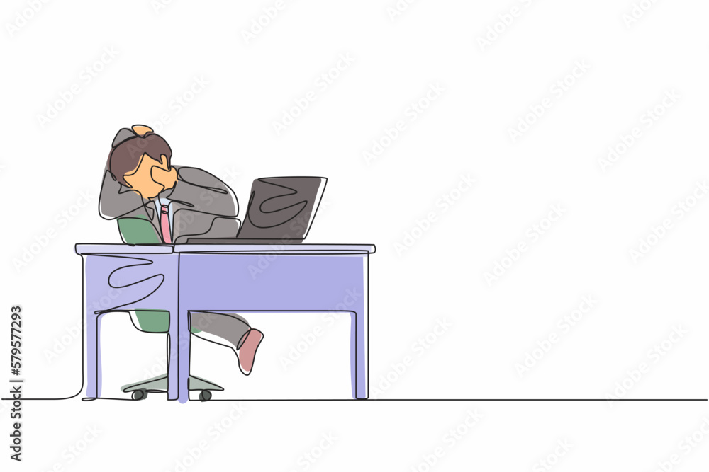 Aufkleber single continuous line drawing scared man manager looking at laptop computer screen. shocked male wa
