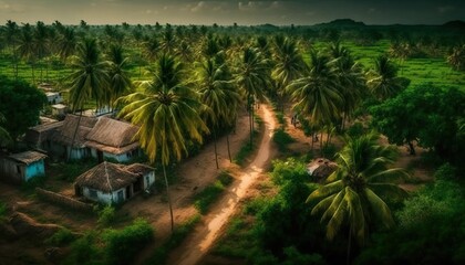Fototapeta na wymiar A breathtaking view of a peaceful Andhra Pradesh village with beautiful coconut trees and lush greenery captured with a high Generative AI