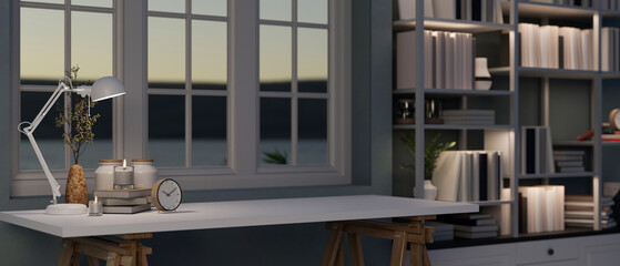 Side view of modern contemporary home working room interior design with copy space on white table