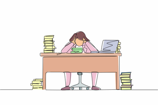 recommend clip art: Single continuous line drawing stressed businesswoman throwing tantrum in office holding her hands to his head shouting while seated at a desk surrounded by files. One line draw graphic design vector