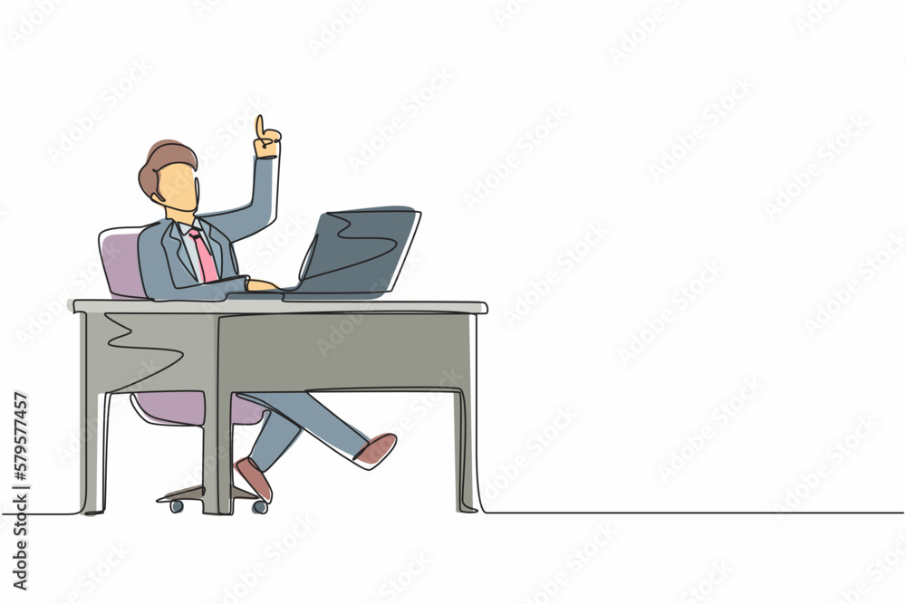 Poster single one line drawing businessman getting bright new idea while working with laptop on desk. male 