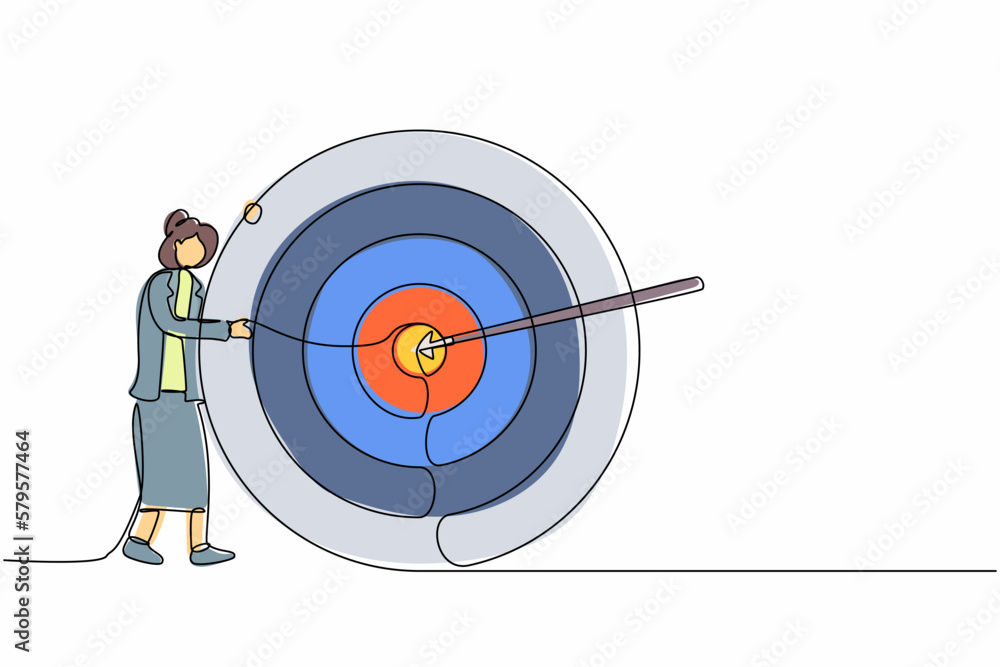 Poster single continuous line drawing businesswoman hugs and stands next to circle of target, arrow that hi