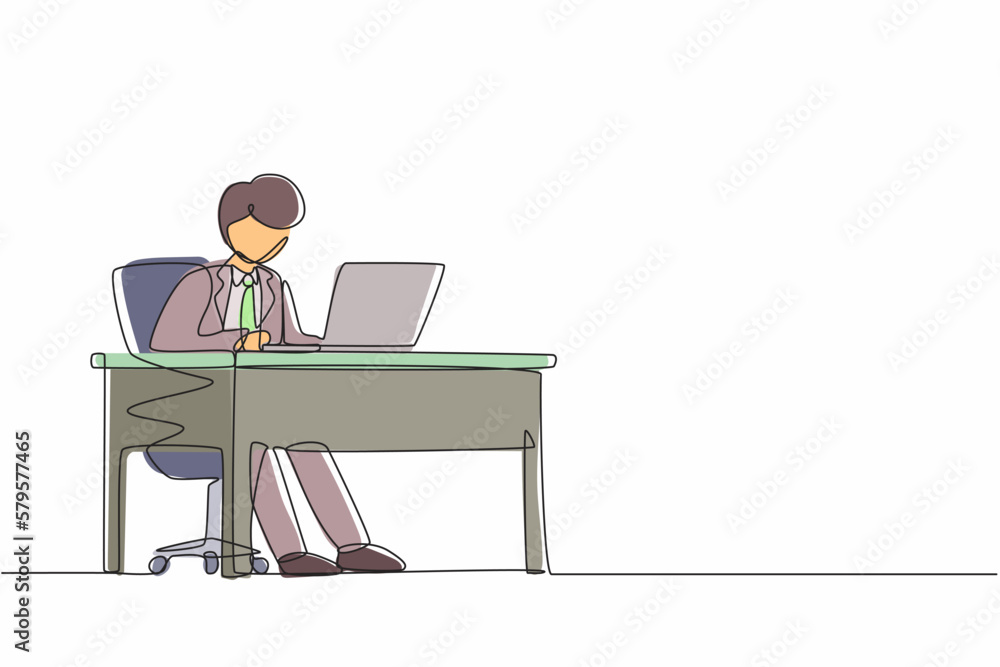 Poster single one line drawing male works in office. businessman working, typing and sending messages. work
