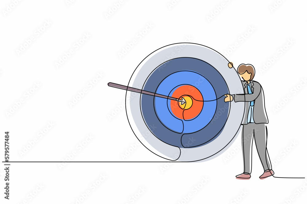 Poster single one line drawing businessman hugs and stands next to circle of target, arrow that hit target 