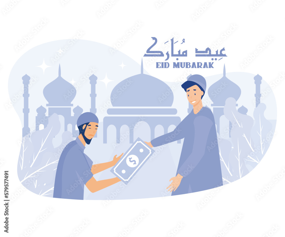 Wall mural young muslim man giving money to homeless people, eid mubarak, flat vector modern illustration