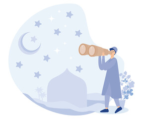 Obraz premium Muslim person looking for hilal at night sky with telescope, Starting ramadan fasting month, flat vector modern illustration