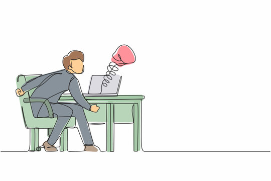 recommend clip art: Single continuous line drawing sad man using social media and being punched by boxing gloves from computer laptop. Cyber bullying, online harassment using social media. One line graphic design vector