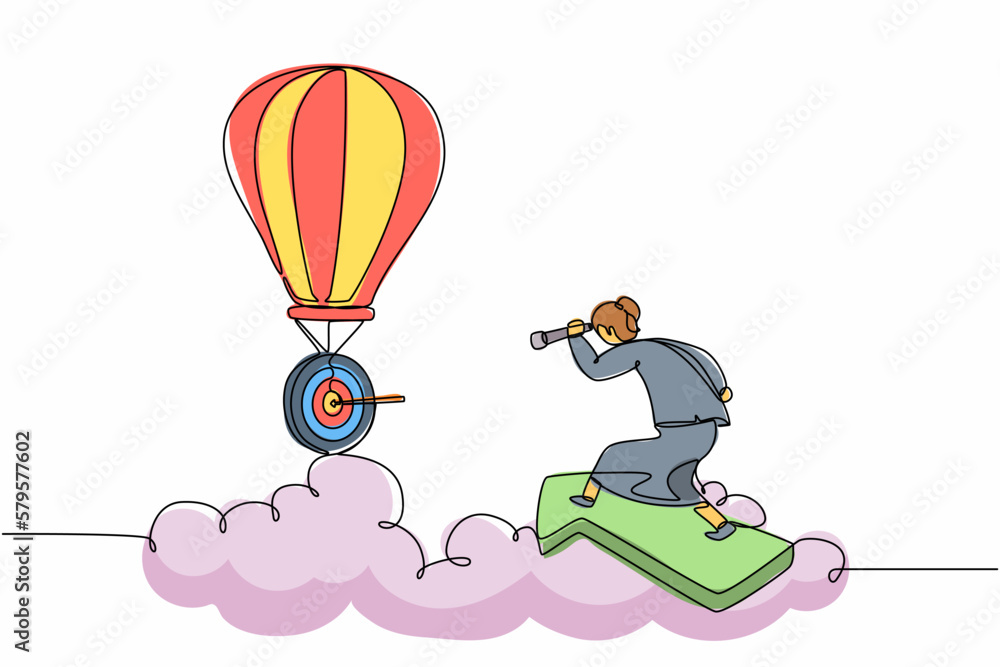 Poster continuous one line drawing female manager riding forward arrow and using monocular to see business 