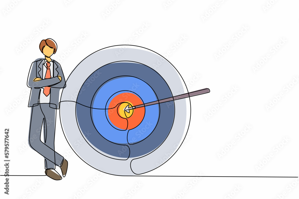 Poster single continuous line drawing happy businessman or manager is standing near target. arrow hit targe