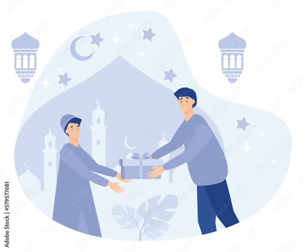 Wall mural Muslim people giving sadaqa to poor people, ramadhan kareem, flat vector modern illustration 