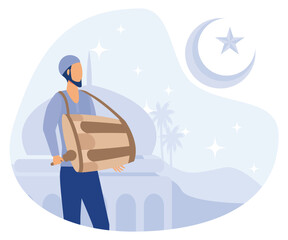 Waking up people at early morning to do sahur time, Ramadan's tradition activities,  flat vector modern illustration
