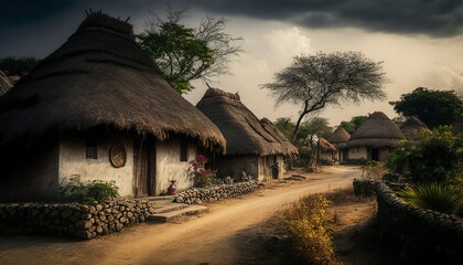 An idyllic village scene of Andhra Pradesh with traditional thatched roof huts taken with a Sony A7R III mirrorless camera 16  Generative AI