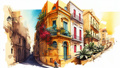 Fototapeta na wymiar Valletta Maltese traditional colorful houses with balconies narrow city streets at sunny day. Watercolor digital painted illustration. Travel concept. Generative AI