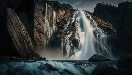 An awe inspiring view of a waterfall cascading down a rocky cliff captured with a full  Generative AI