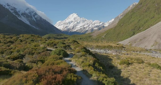 Couple hiking on Hooker valley trail with stunning view of Mount Cook, aerial