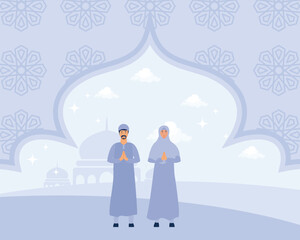 Obraz premium ramadan kareem background, men and women illustration for greeting cards, flat vector modern illustration 